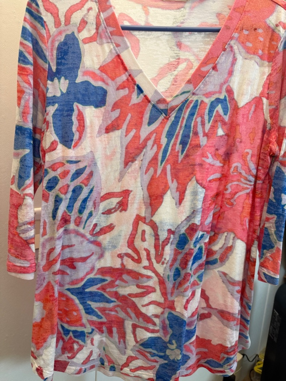 Soft Surroundings Coral & Blue Floral V-Neck Burnout Tunic